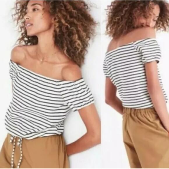 Madewell Stripe Off the Shoulder Top Drawstring Waist Black and White Casual XS - Picture 6 of 11